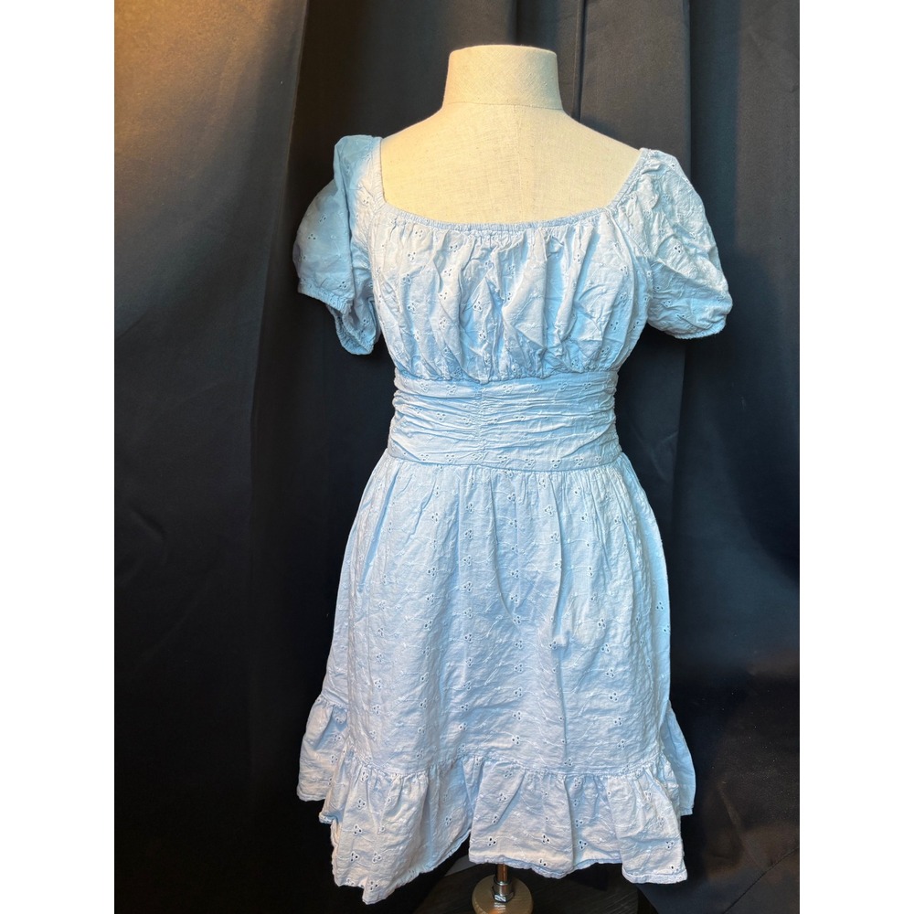 Sincerely Jules Light Blue Eyelet Mini Dress Puff Sleeve Tie Back‎ Smocked Waist